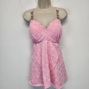 Rotita Square Neck Jacquard Pink One Piece Swimdress Size XXL Floral Stretchy